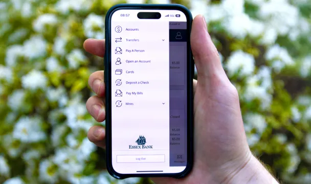 Home screen of Essex Bank mobile app